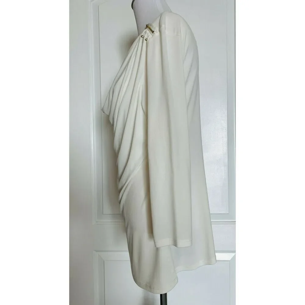 $225 CARMEN MARC VALVO White 3/4 Sleeve Slinky Blouse Tunic Gold Zipper Detail M - Picture 2 of 8